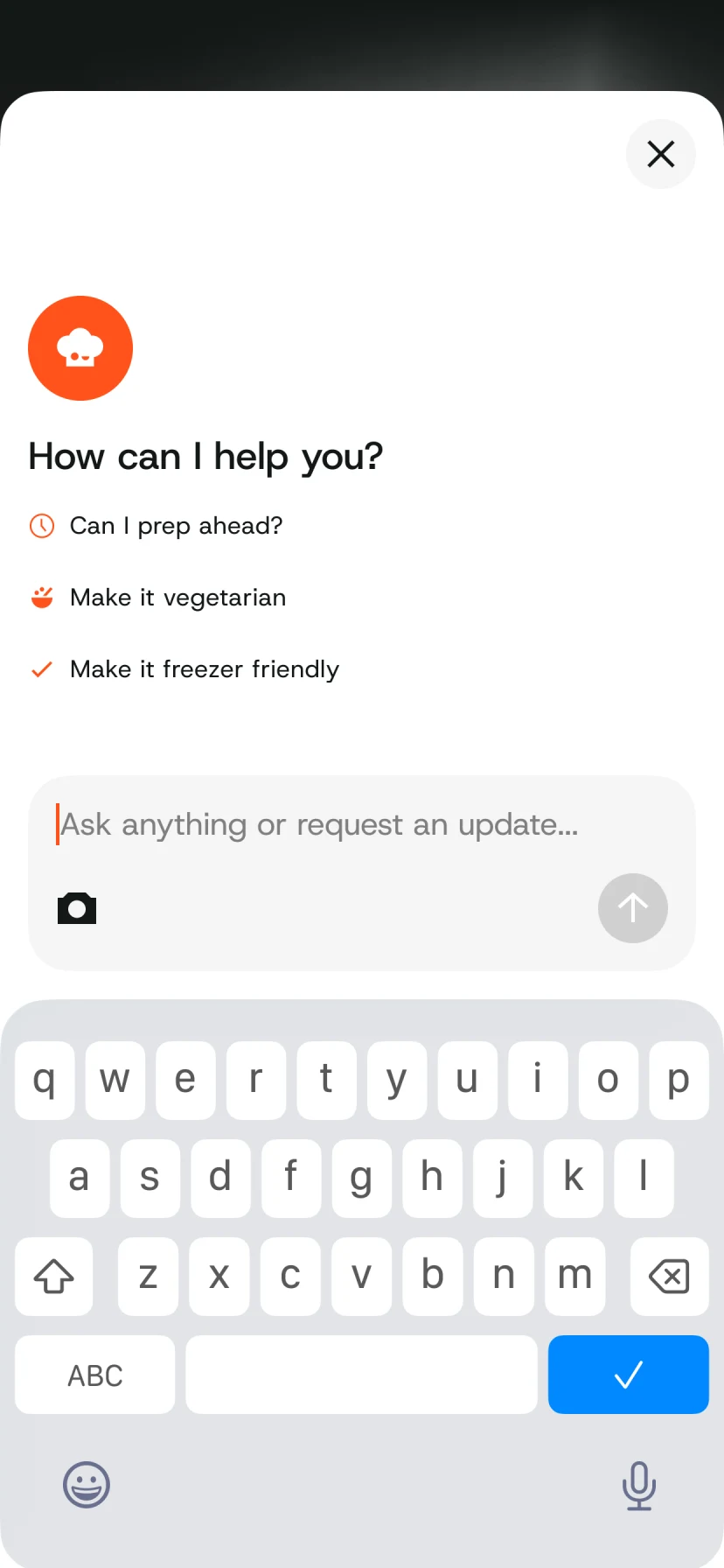 Chef Remy, the in-app assistant, offering to prep ahead, make a recipe vegetarian, or make it freezer friendly.