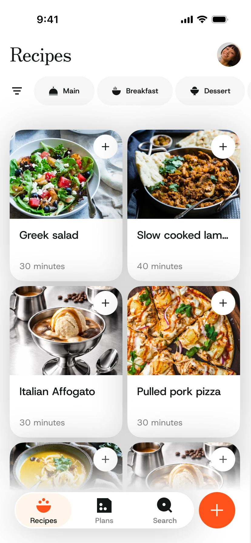 The MasterMeals recipe library, showing saved recipes as photo cards with cooking times.