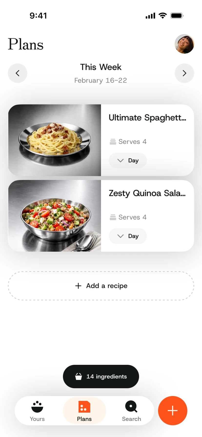 A MasterMeals weekly plan with recipes assigned to days and a consolidated 14-ingredient shopping list.